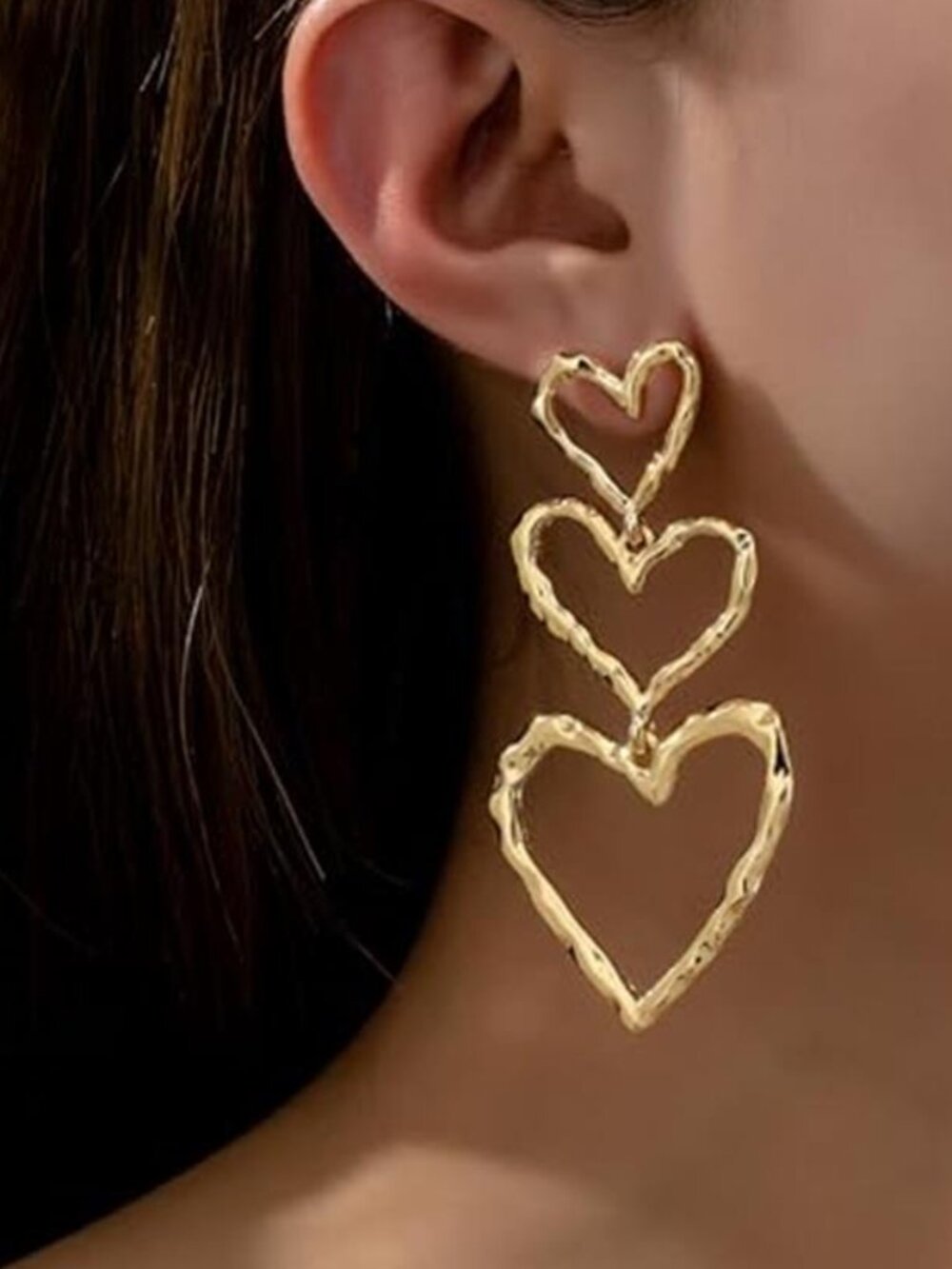 Gold Tone Large Heart Dangle Earrings Long Chunky Statement Drop Earrings